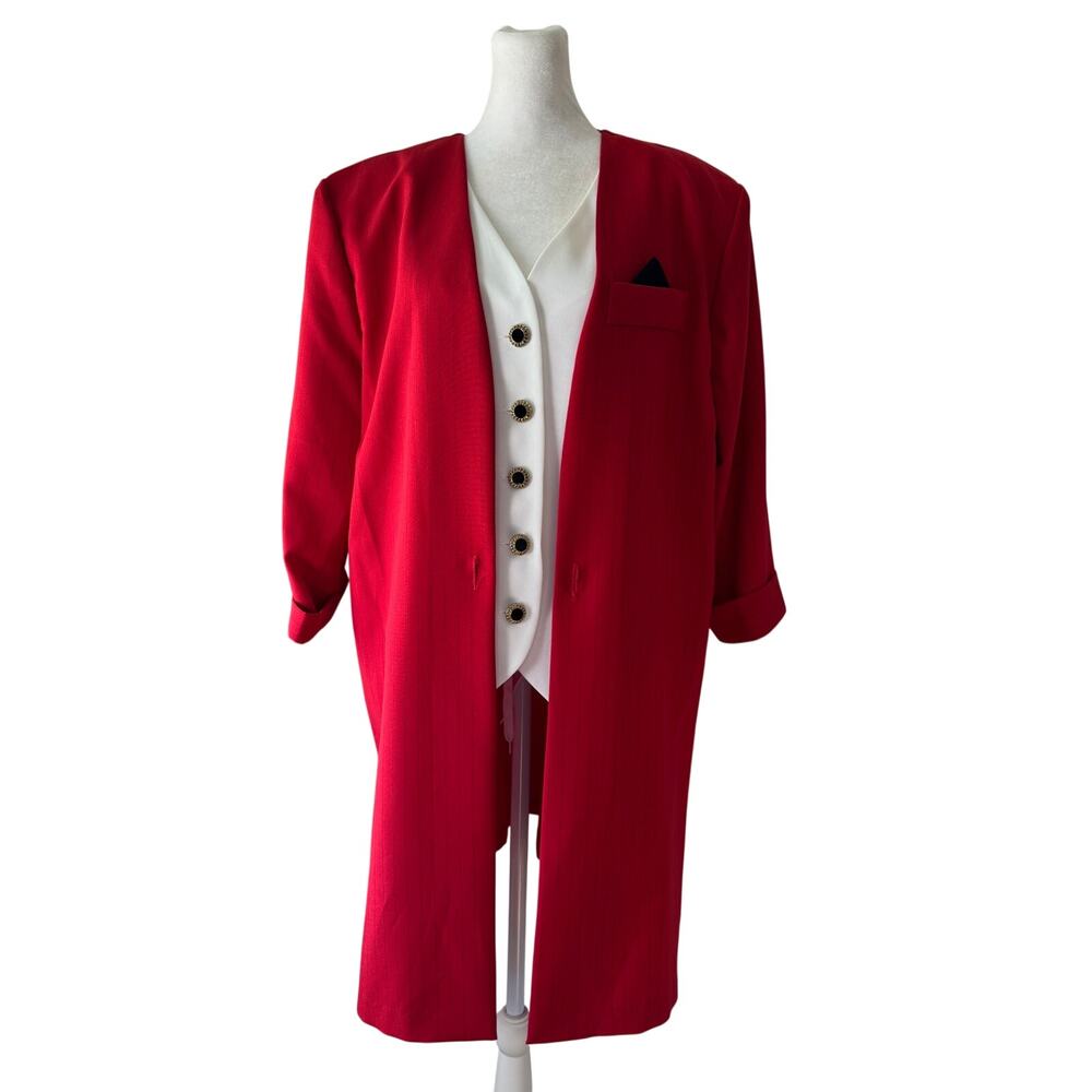 Vintage ‘90s Dress Savvy Red Pinstriped Blazer w/ Built-In White V-Neck Vest
